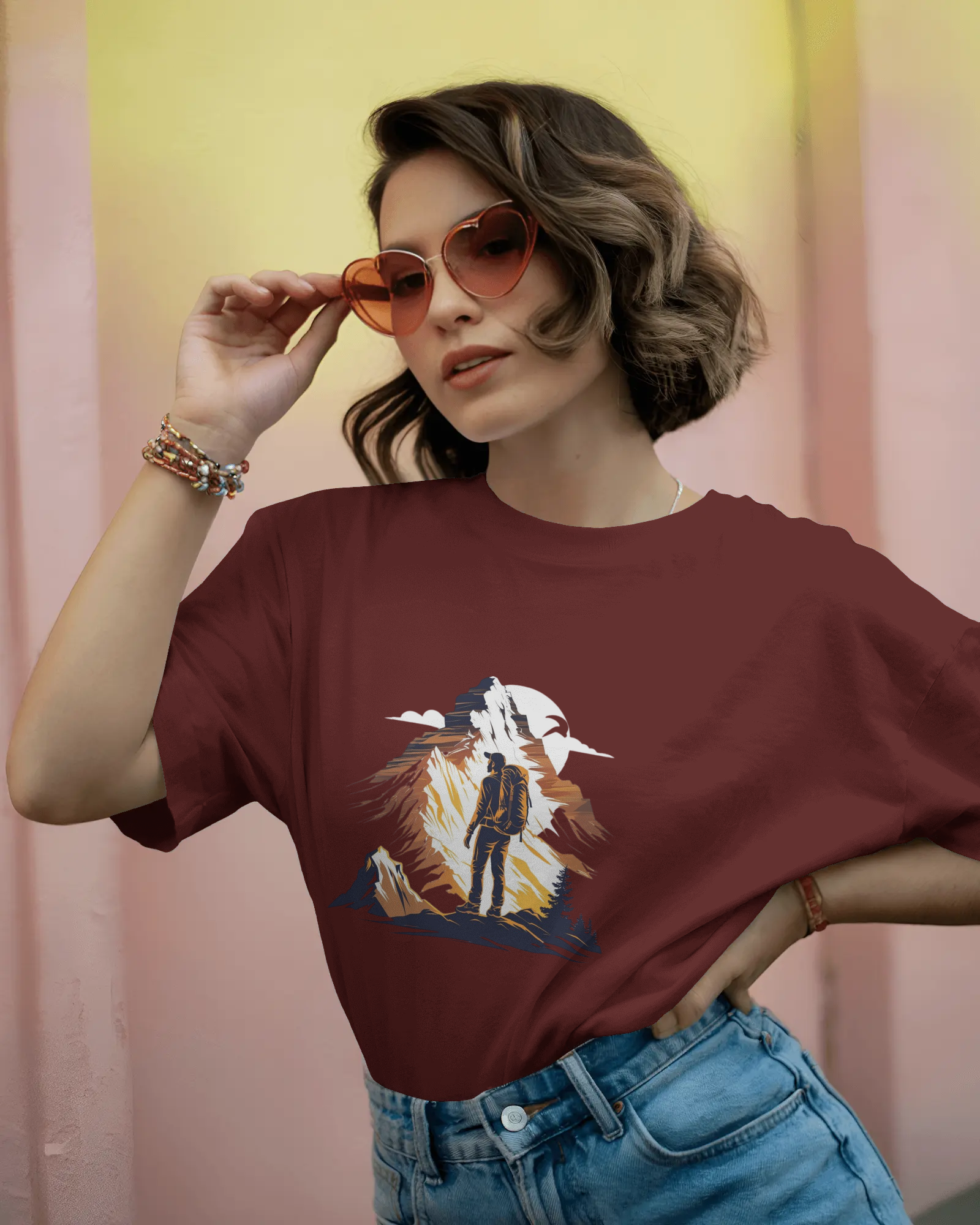 Mountain Hiker Graphic Ladies Classic Crew T-Shirt | Teeyatra | Abstract