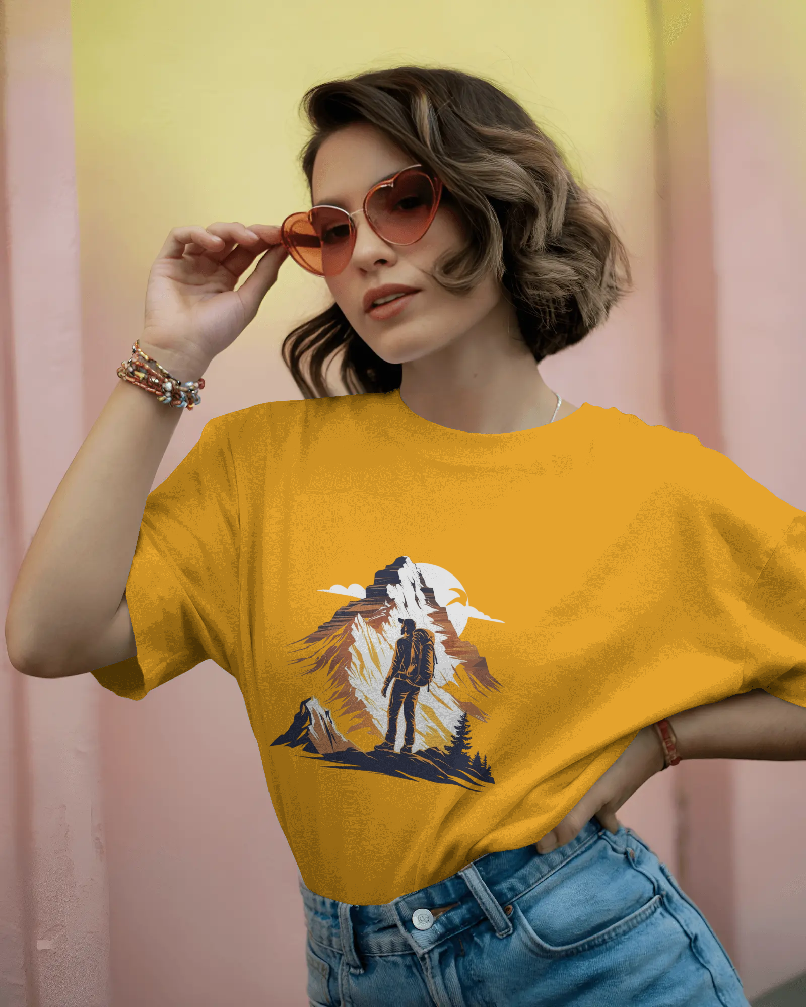 Mountain Hiker Graphic Ladies Classic Crew T-Shirt | Teeyatra | Abstract