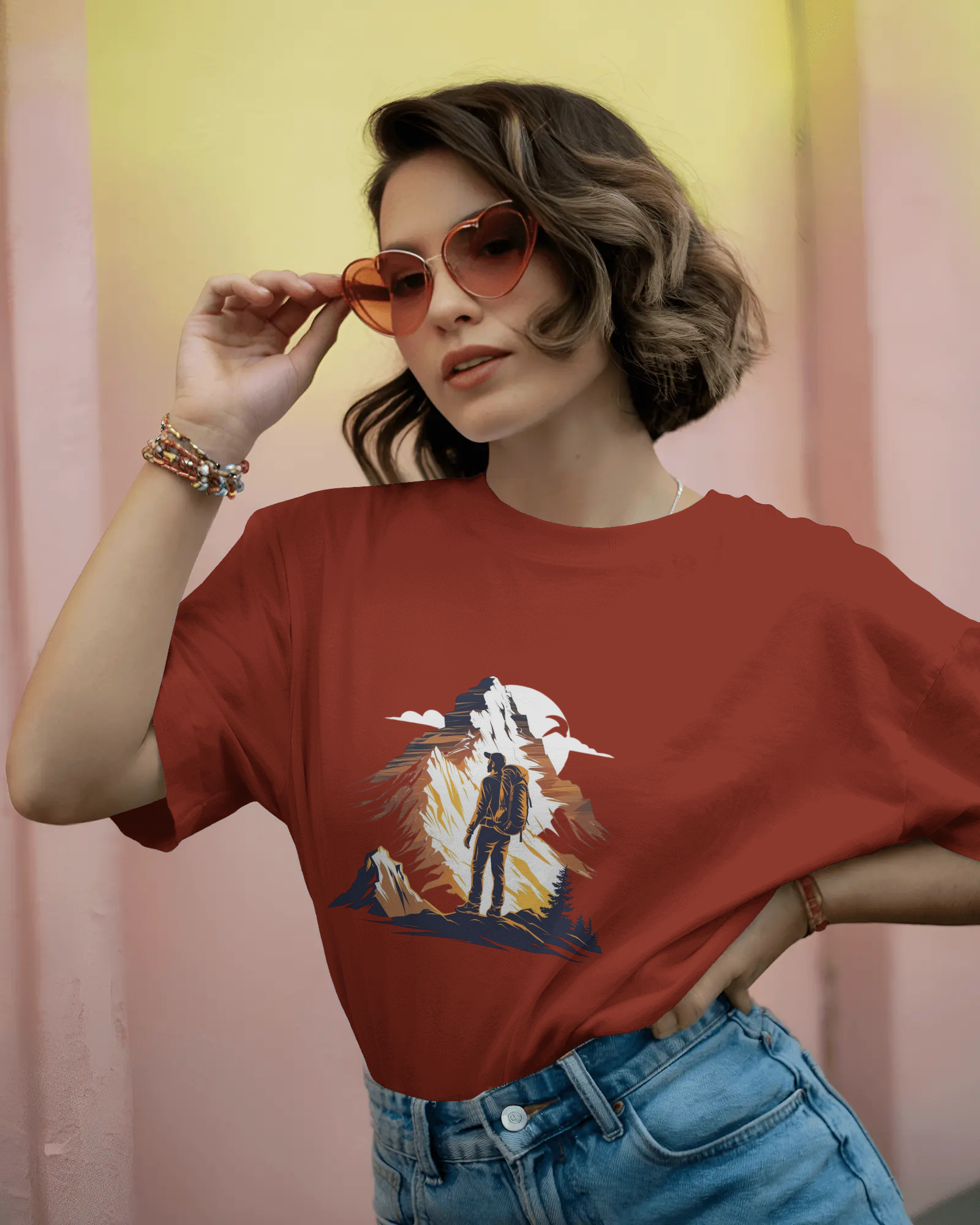 Mountain Hiker Graphic Ladies Classic Crew T-Shirt | Teeyatra | Abstract