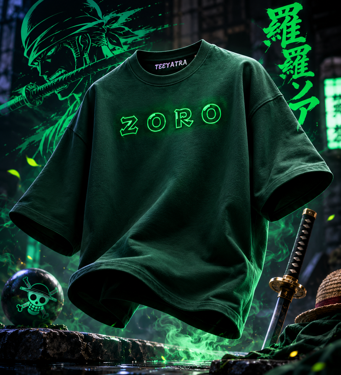 Teeyatra Zoro Neon Blade Oversized T-Shirt
