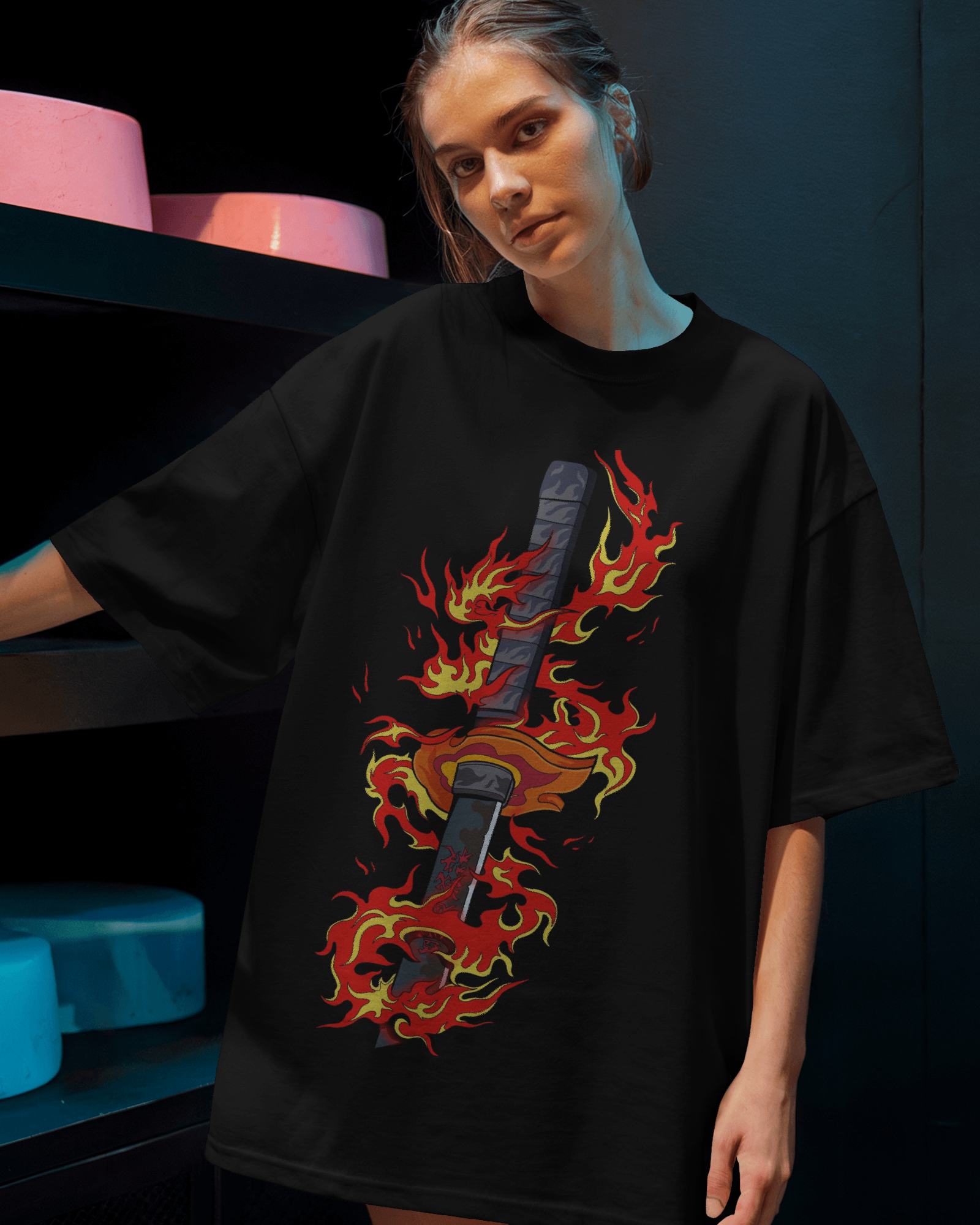 Rengoku Flame Ladies Oversized Classic T-shirt | Demon Slayer | Teeyatra | Anime