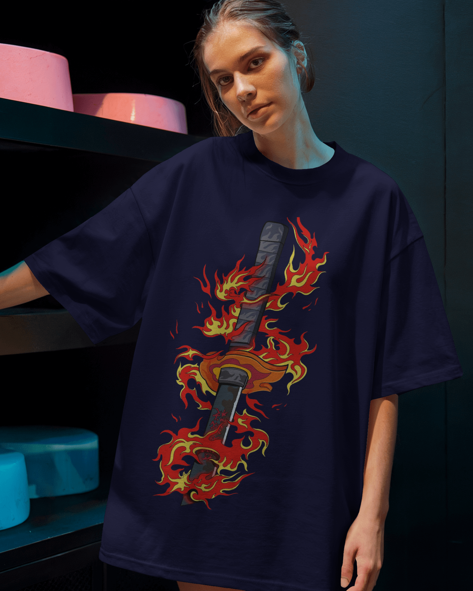 Rengoku Flame Ladies Oversized Classic T-shirt | Demon Slayer | Teeyatra | Anime