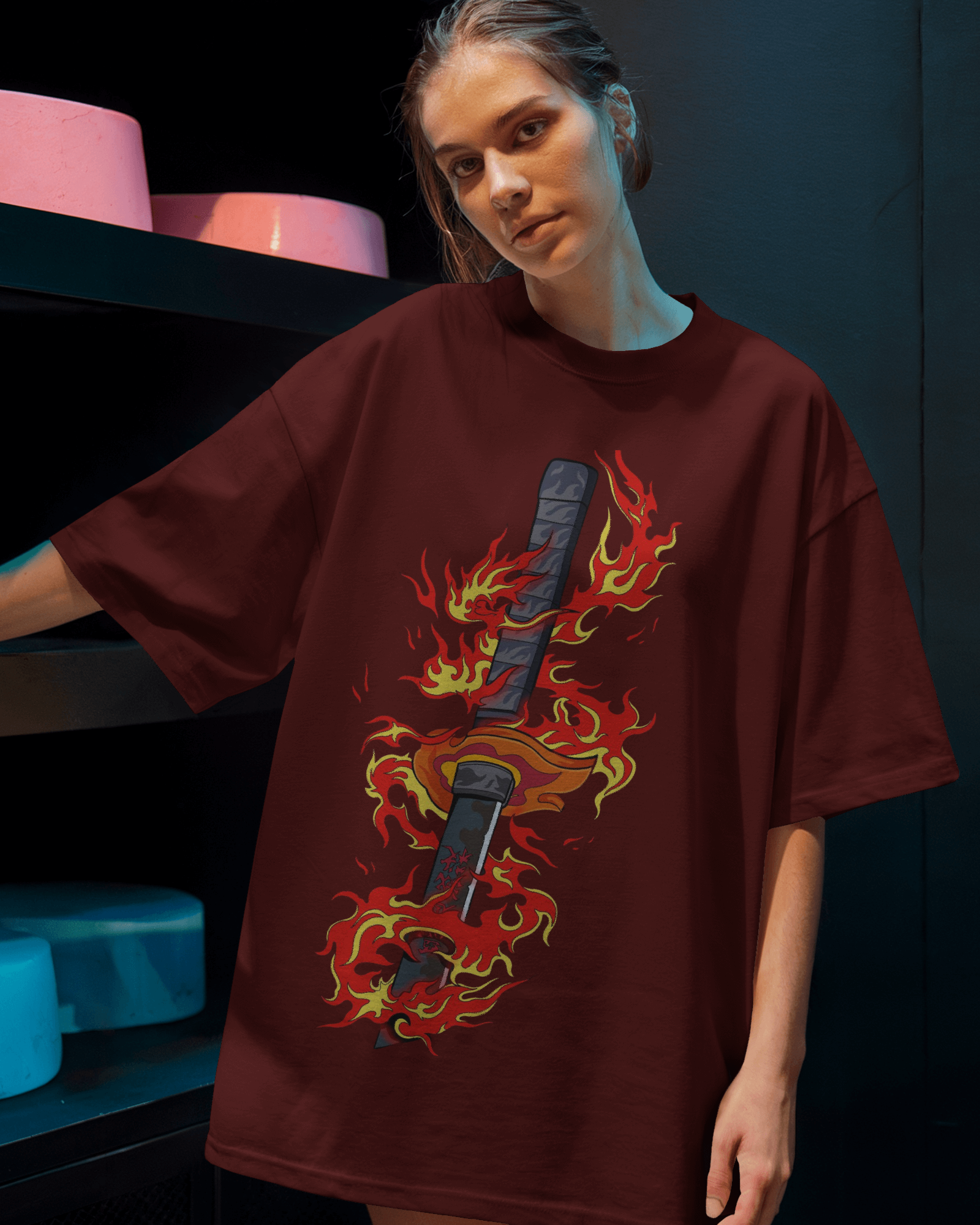 Rengoku Flame Ladies Oversized Classic T-shirt | Demon Slayer | Teeyatra | Anime