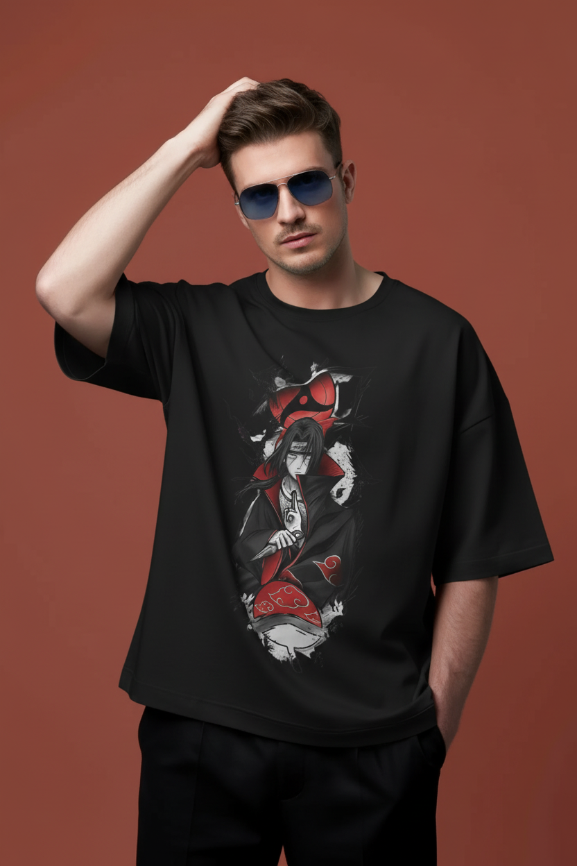 Itachi Uchiha "Crow Genjutsu" Edition – Premium 240 GSM Terry Cotton Oversized T-Shirt