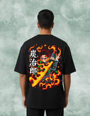 Demon Slayer Tanjiro Kamado Fire Breathing Men's Oversized T-Shirt | Teeyatra | Anime