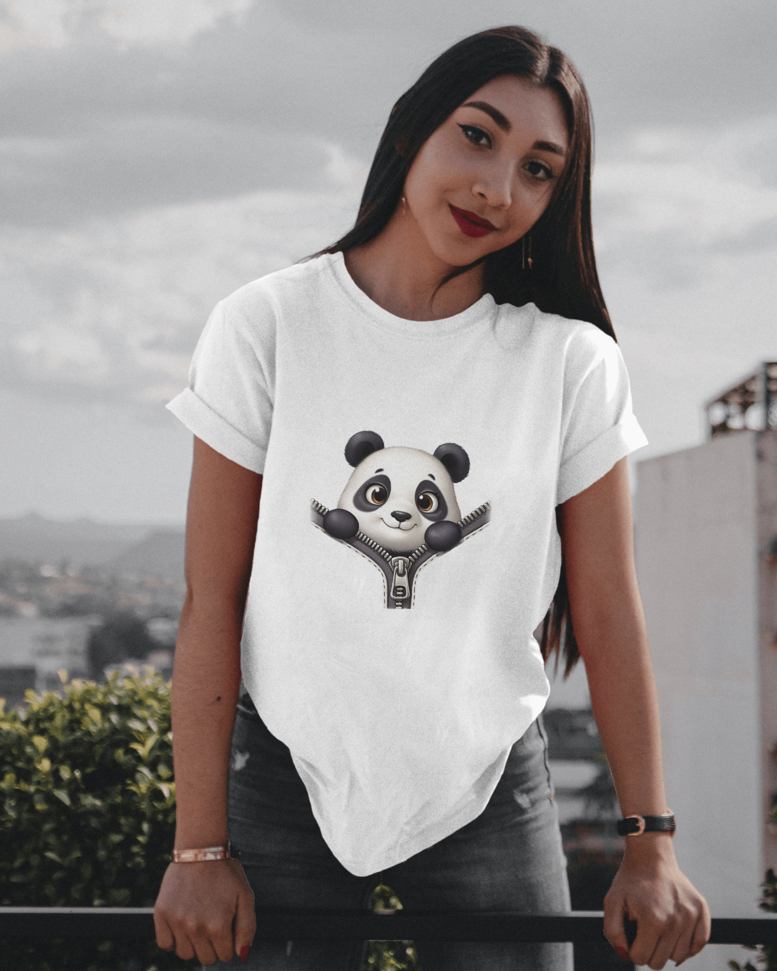 Unzip The Cuteness Panda Ladies Classic Crew T-Shirt | Teeyatra | Cartoon