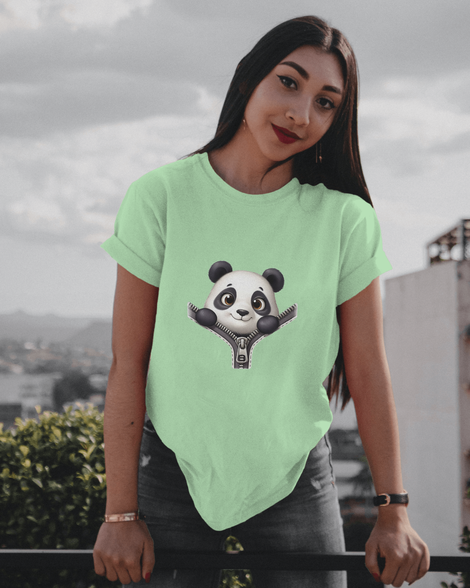Unzip The Cuteness Panda Ladies Classic Crew T-Shirt | Teeyatra | Cartoon