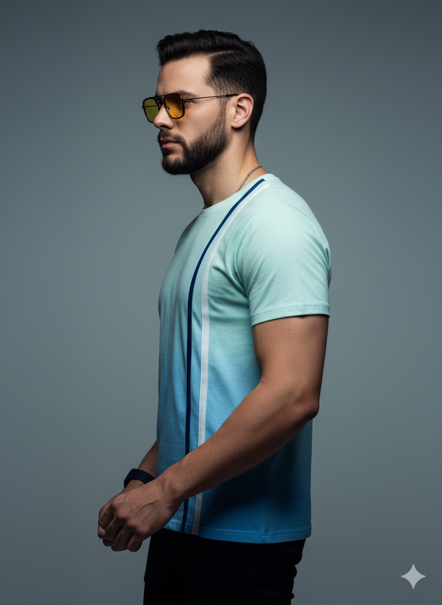 Men's Ombre Gradient T-Shirt with Vertical Contrast Stripe | Cotton Blend Classic Crew Neck Tee | Teeyatra