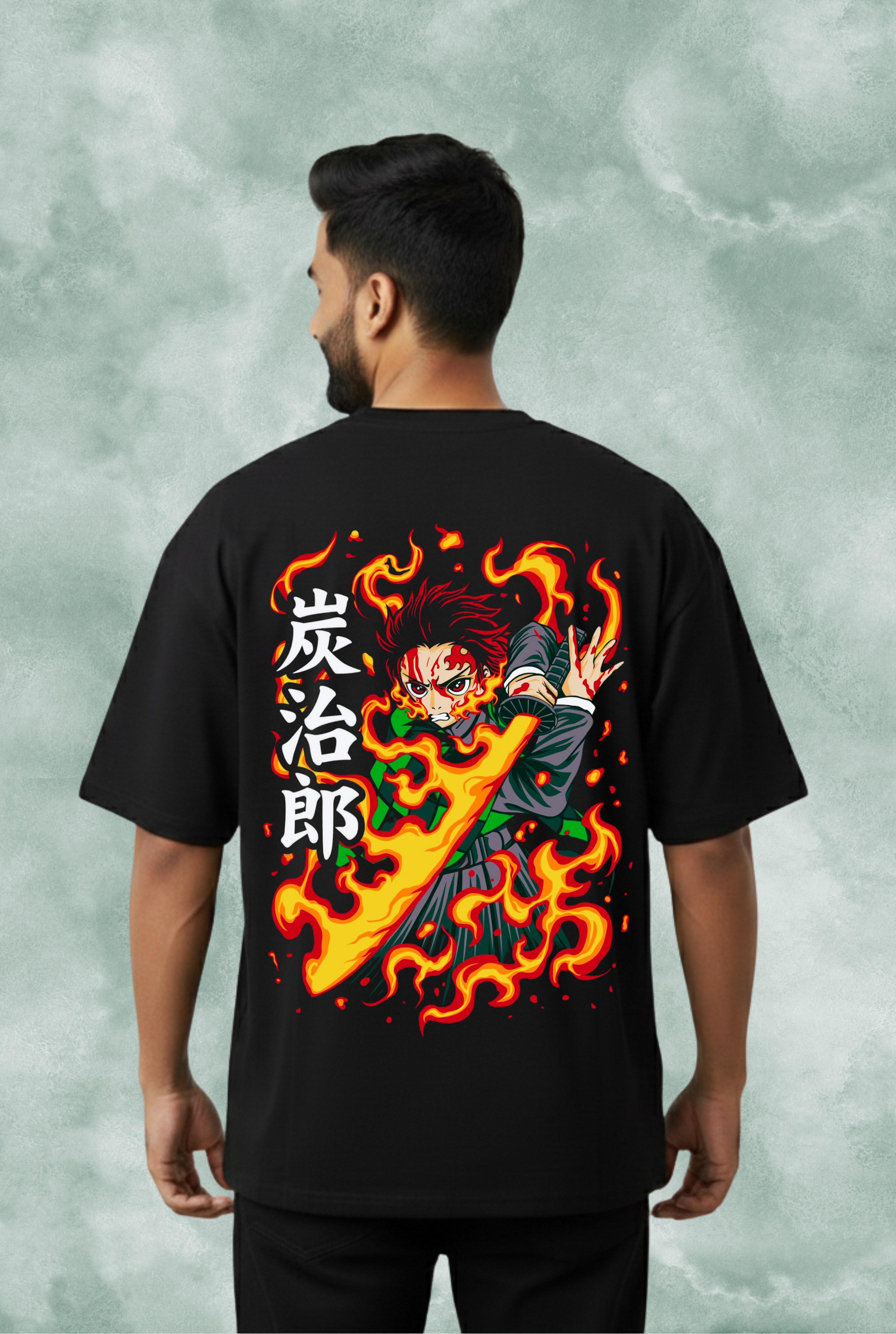 Demon Slayer Tanjiro Kamado Fire Breathing Men's Oversized T-Shirt | Teeyatra | Anime