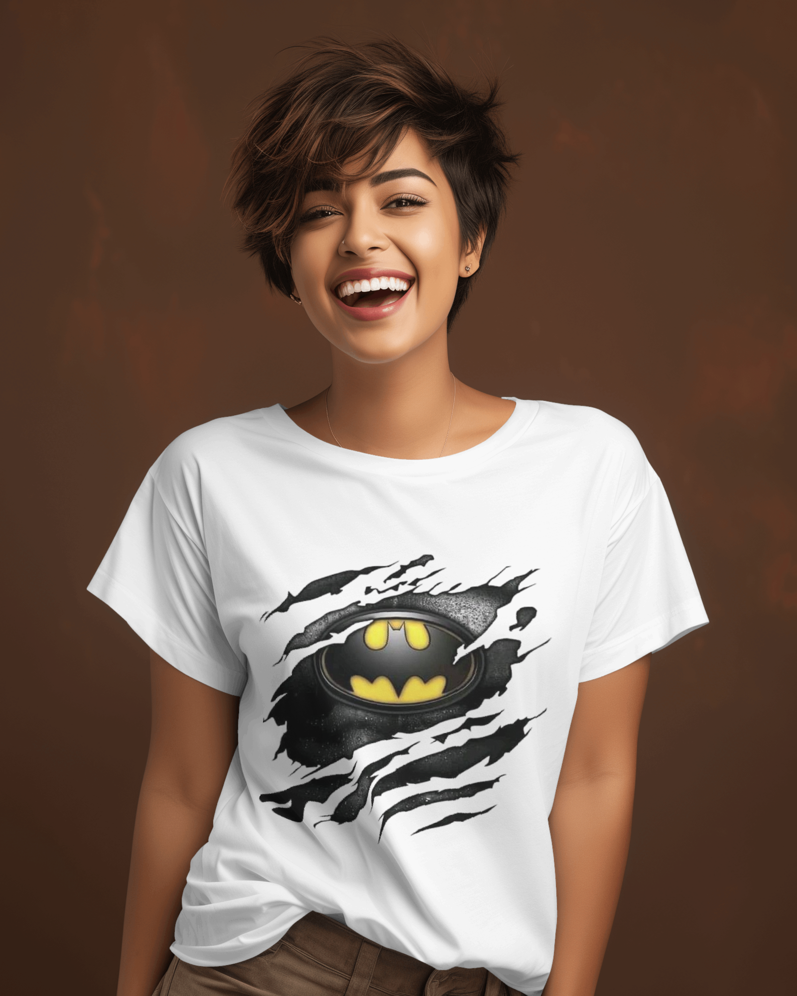 DC Tear Effect Batman Logo Ladies Classic Crew T-Shirt | Teeyatra