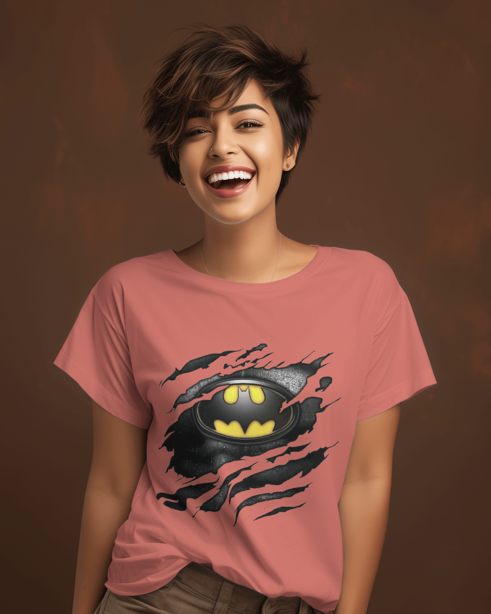 DC Tear Effect Batman Logo Ladies Classic Crew T-Shirt | Teeyatra