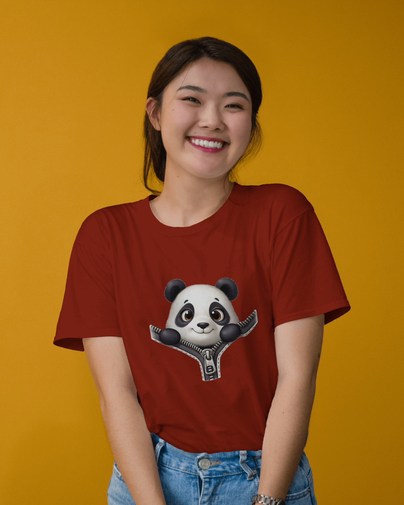 Unzip The Cuteness Panda Ladies Classic Crew T-Shirt | Teeyatra | Cartoon