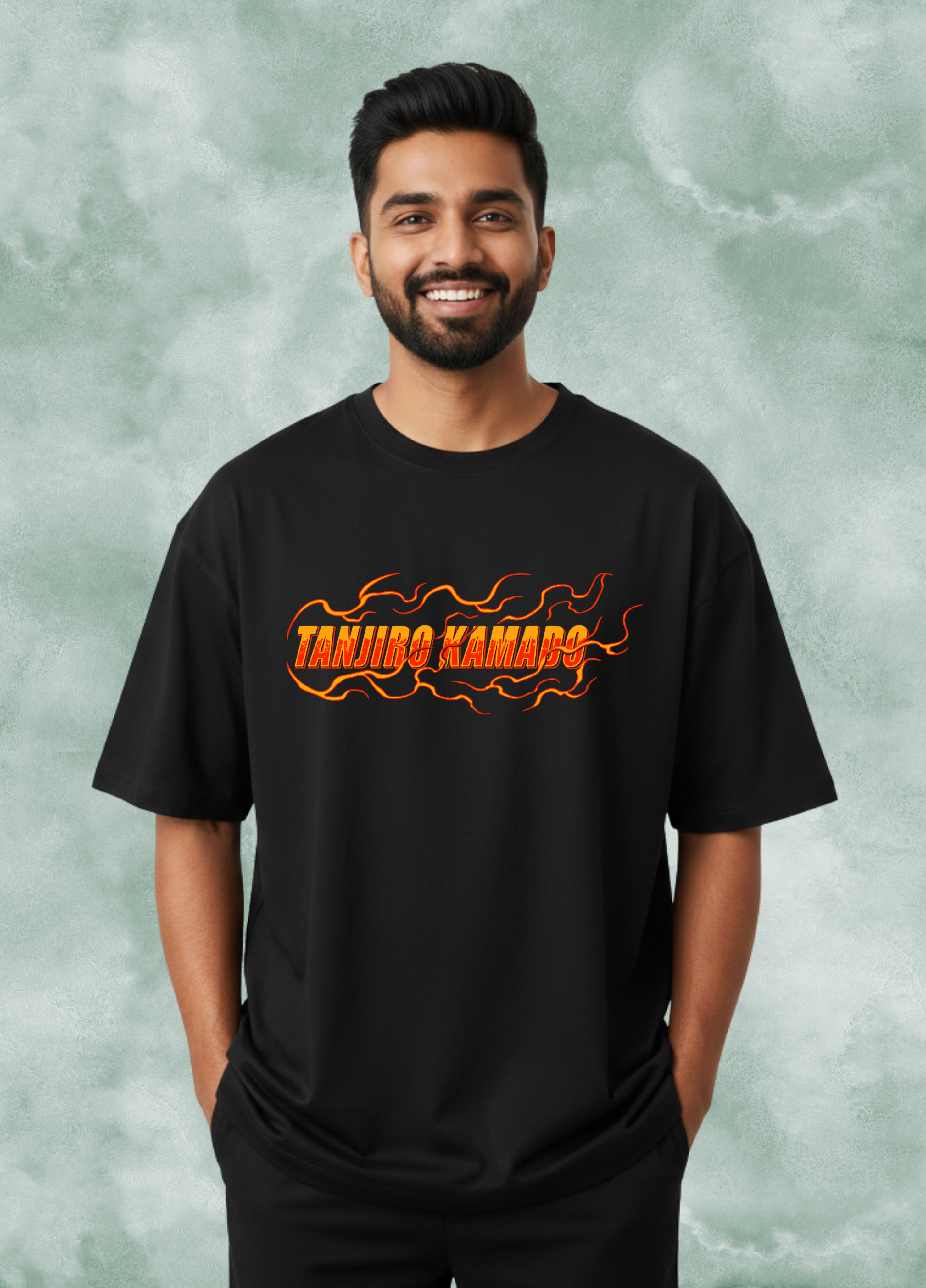 Demon Slayer Tanjiro Kamado Fire Breathing Men's Oversized T-Shirt | Teeyatra | Anime
