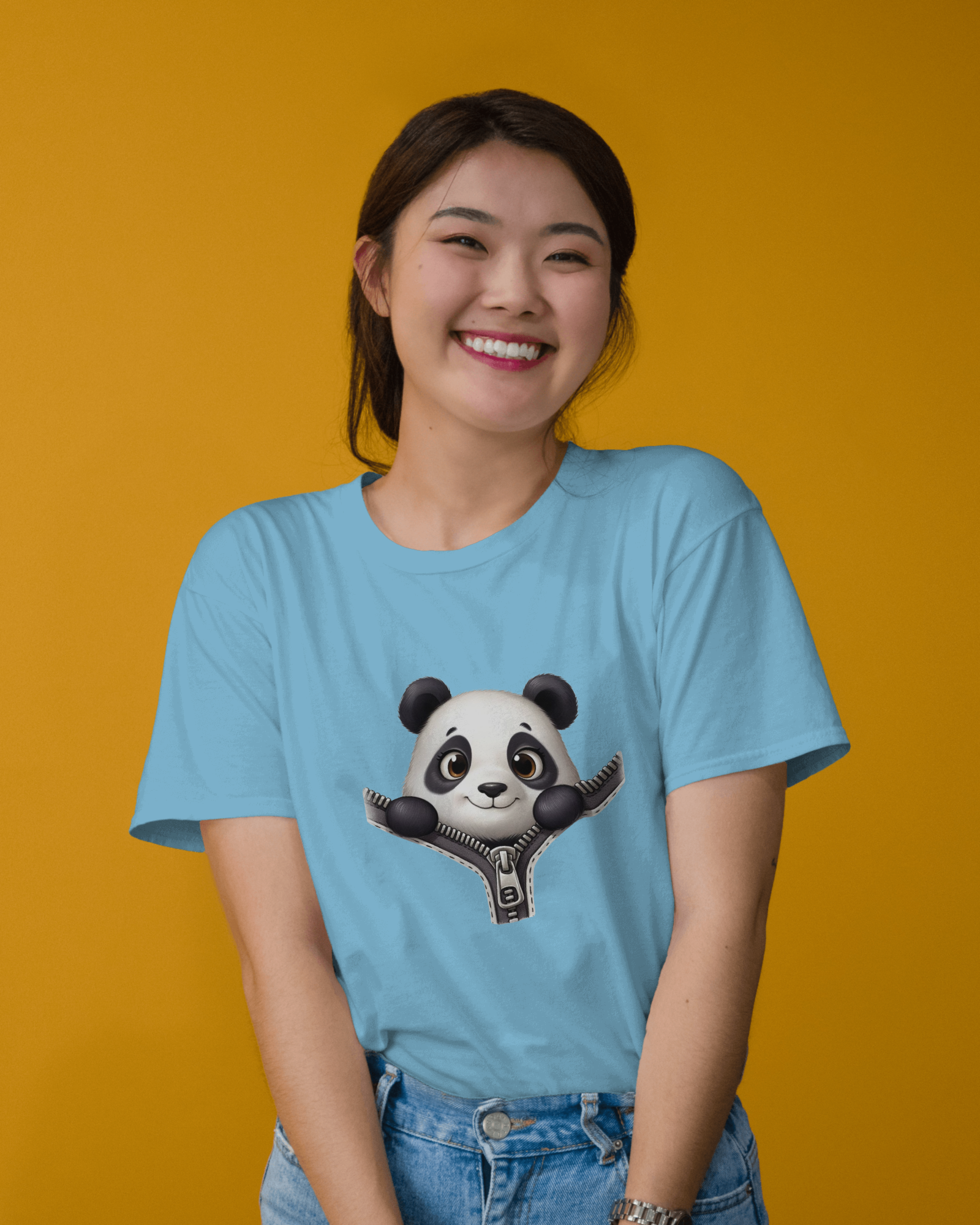 Unzip The Cuteness Panda Ladies Classic Crew T-Shirt | Teeyatra | Cartoon
