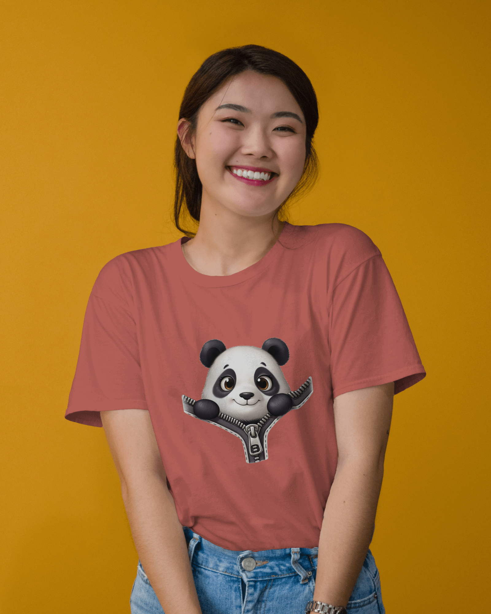 Unzip The Cuteness Panda Ladies Classic Crew T-Shirt | Teeyatra | Cartoon