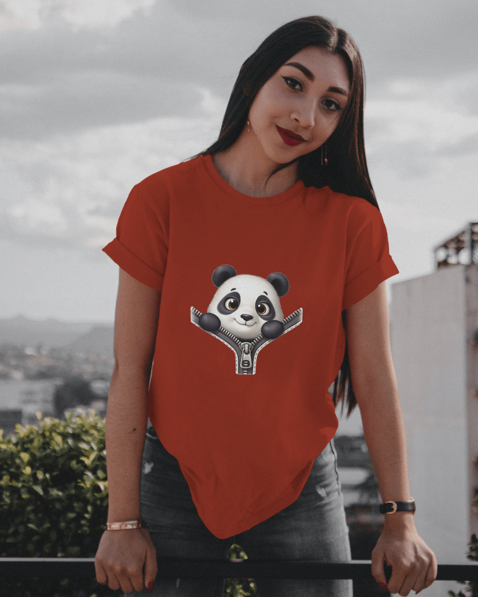 Unzip The Cuteness Panda Ladies Classic Crew T-Shirt | Teeyatra | Cartoon