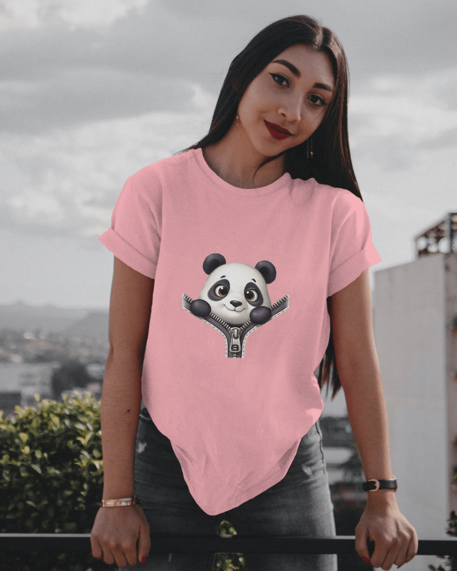 Unzip The Cuteness Panda Ladies Classic Crew T-Shirt | Teeyatra | Cartoon
