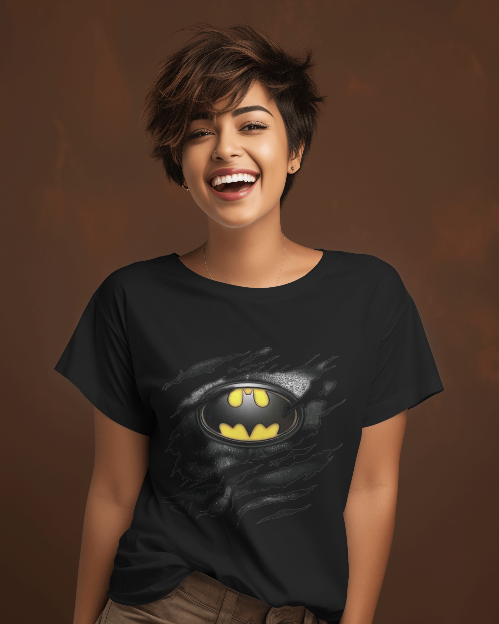 DC Tear Effect Batman Logo Ladies Classic Crew T-Shirt | Teeyatra