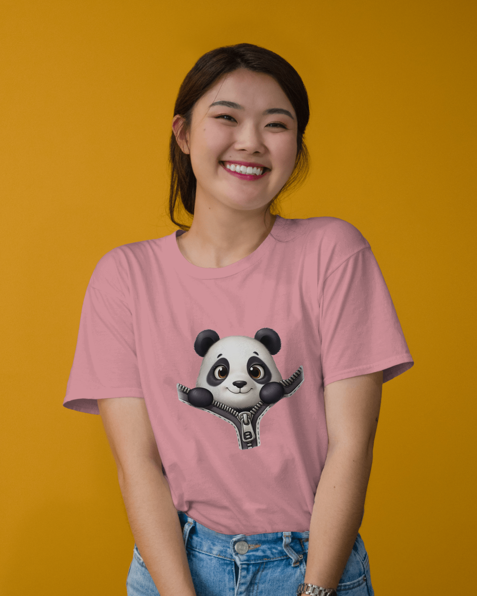 Unzip The Cuteness Panda Ladies Classic Crew T-Shirt | Teeyatra | Cartoon