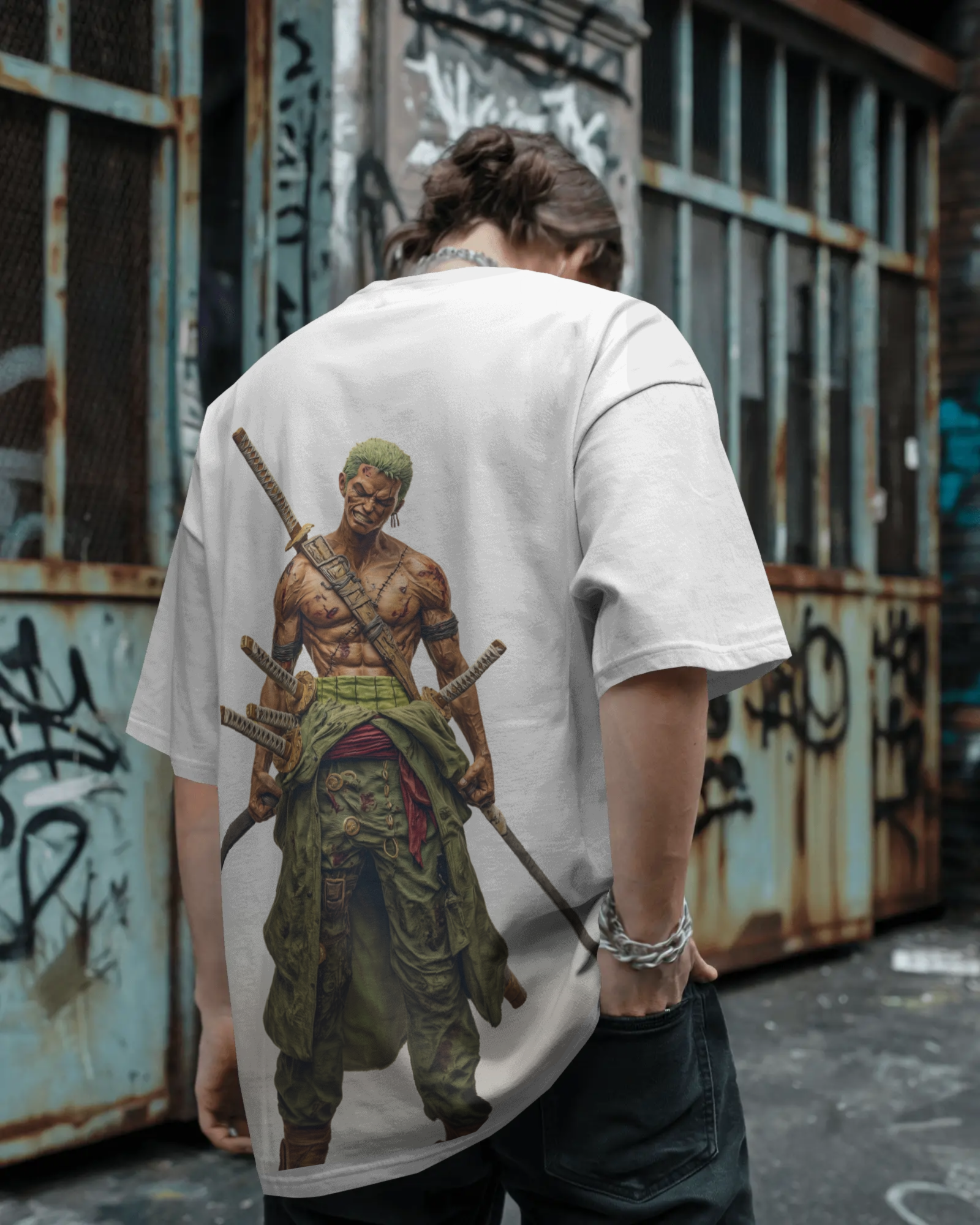Roronoa Zoro "Master Swordsman" White Streetwear – Premium 240 GSM Terry Cotton Oversized T-Shirt