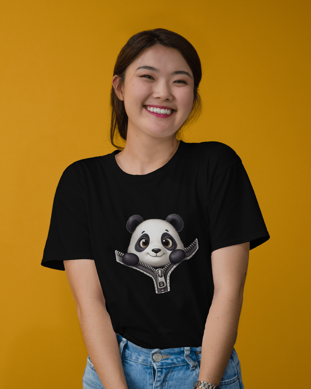 Unzip The Cuteness Panda Ladies Classic Crew T-Shirt | Teeyatra | Cartoon