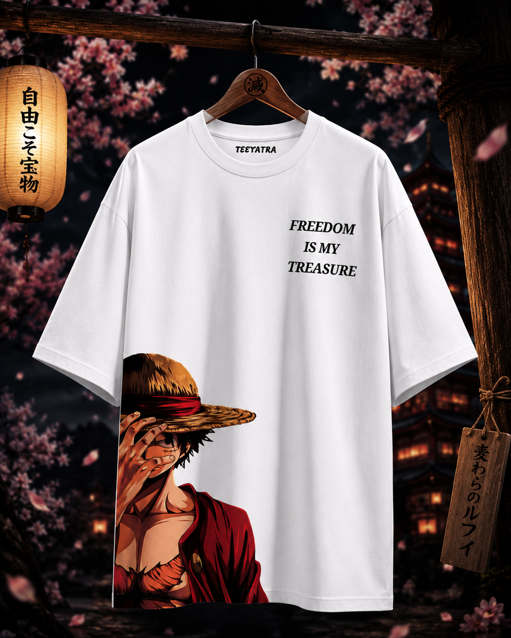 Teeyatra Monkey D. Luffy Oversized T-Shirt – White | Freedom Is My Treasure Edition