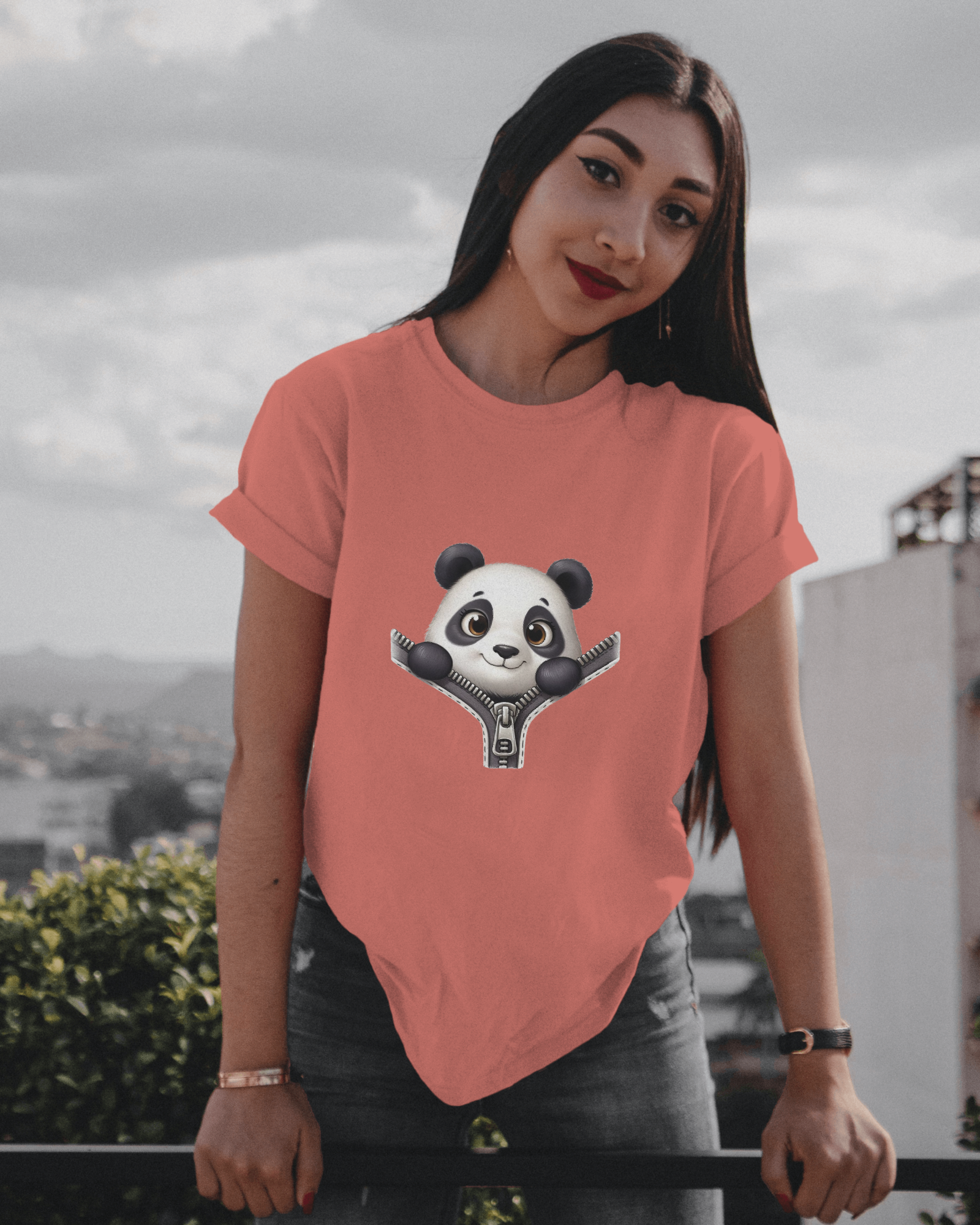 Unzip The Cuteness Panda Ladies Classic Crew T-Shirt | Teeyatra | Cartoon