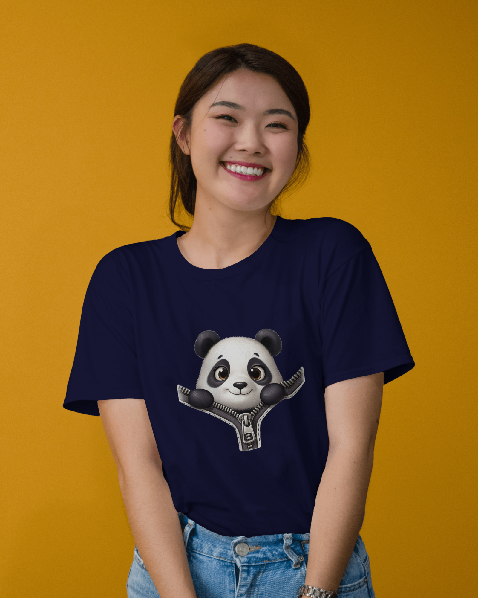 Unzip The Cuteness Panda Ladies Classic Crew T-Shirt | Teeyatra | Cartoon