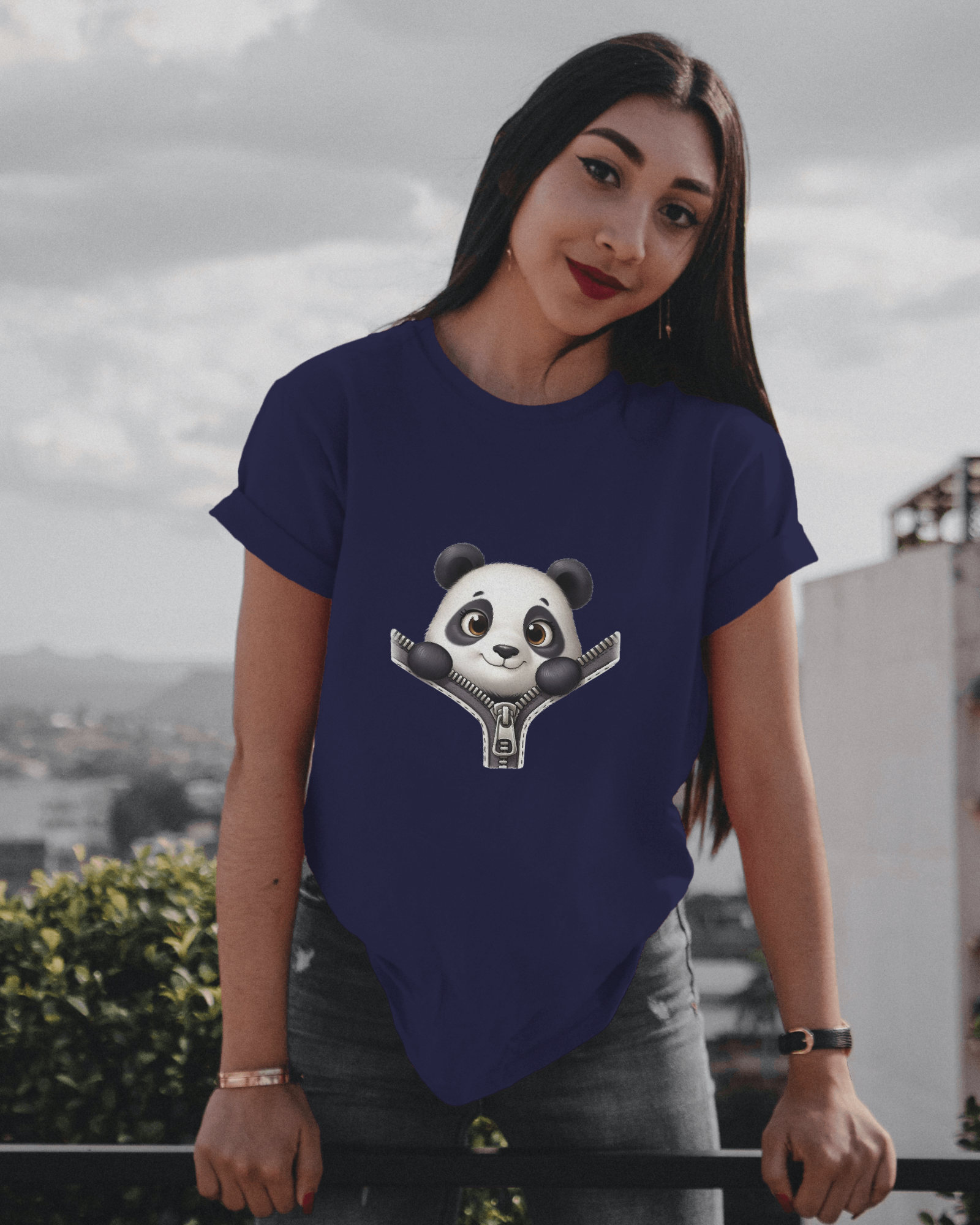 Unzip The Cuteness Panda Ladies Classic Crew T-Shirt | Teeyatra | Cartoon