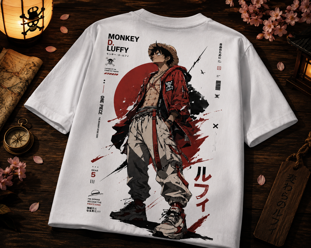 Teeyatra Monkey D. Luffy Oversized T-Shirt – White | Freedom Is My Treasure Edition