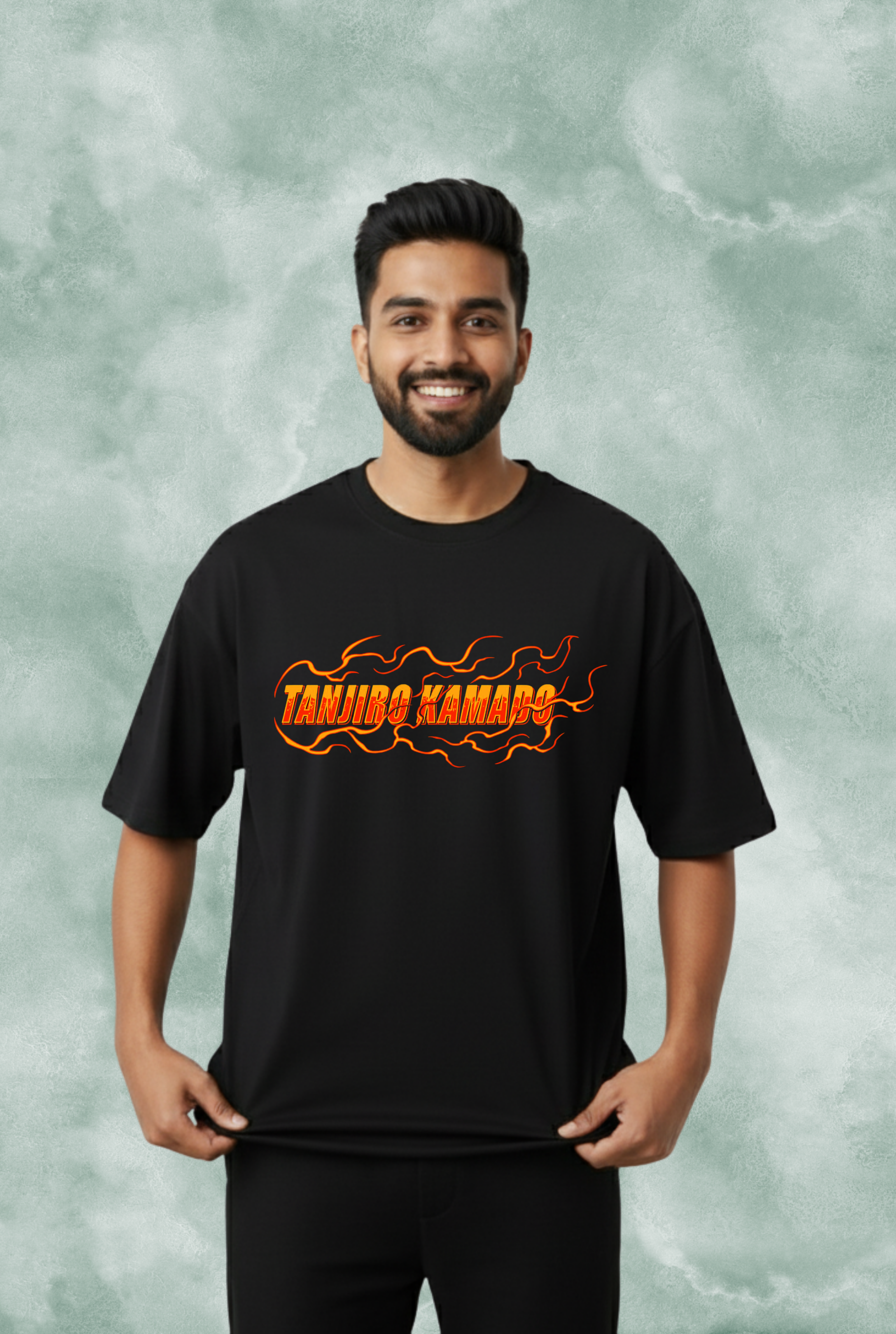 Demon Slayer Tanjiro Kamado Fire Breathing Men's Oversized T-Shirt | Teeyatra | Anime