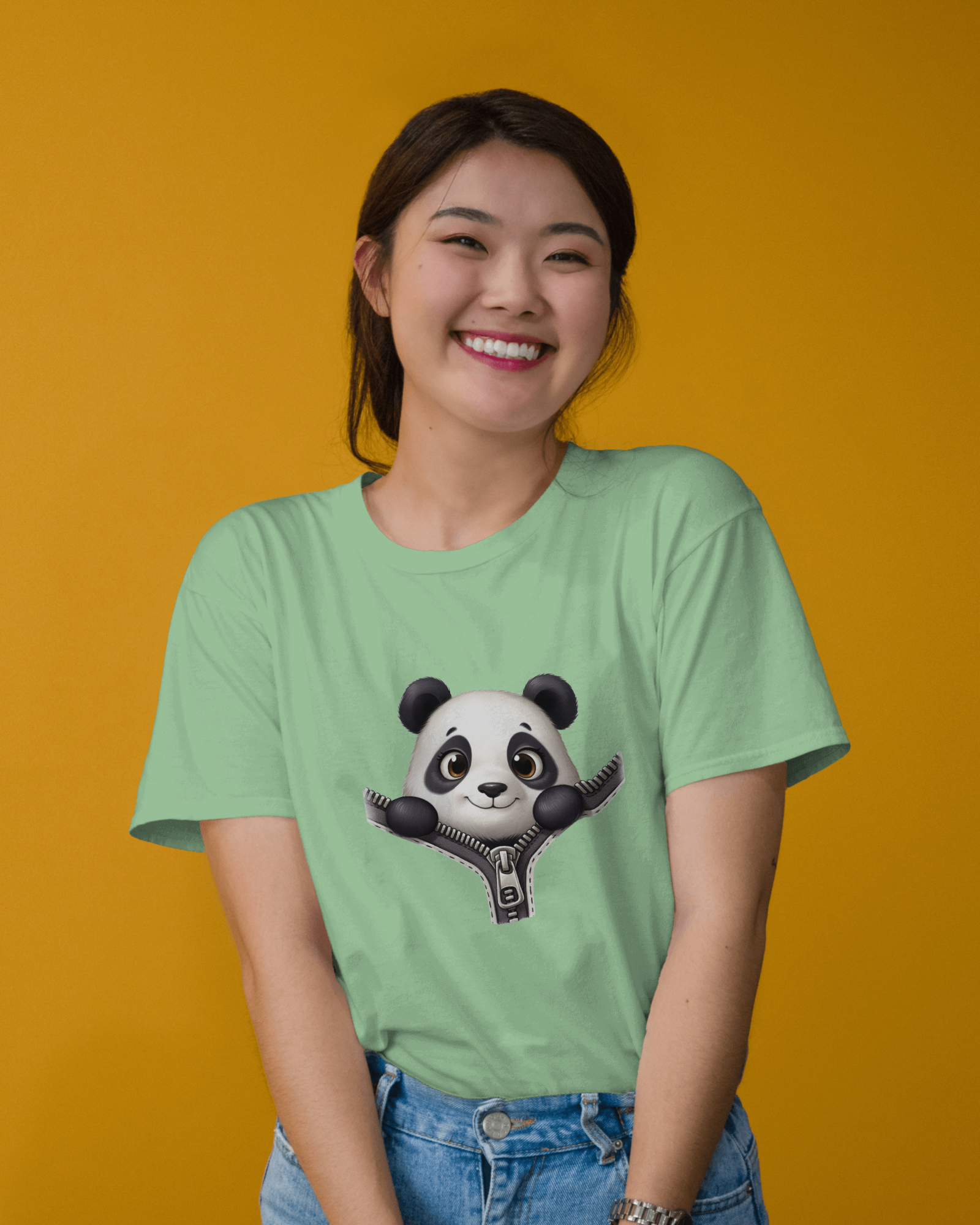 Unzip The Cuteness Panda Ladies Classic Crew T-Shirt | Teeyatra | Cartoon