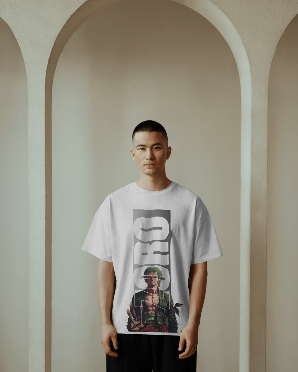 Roronoa Zoro "Master Swordsman" White Streetwear – Premium 240 GSM Terry Cotton Oversized T-Shirt