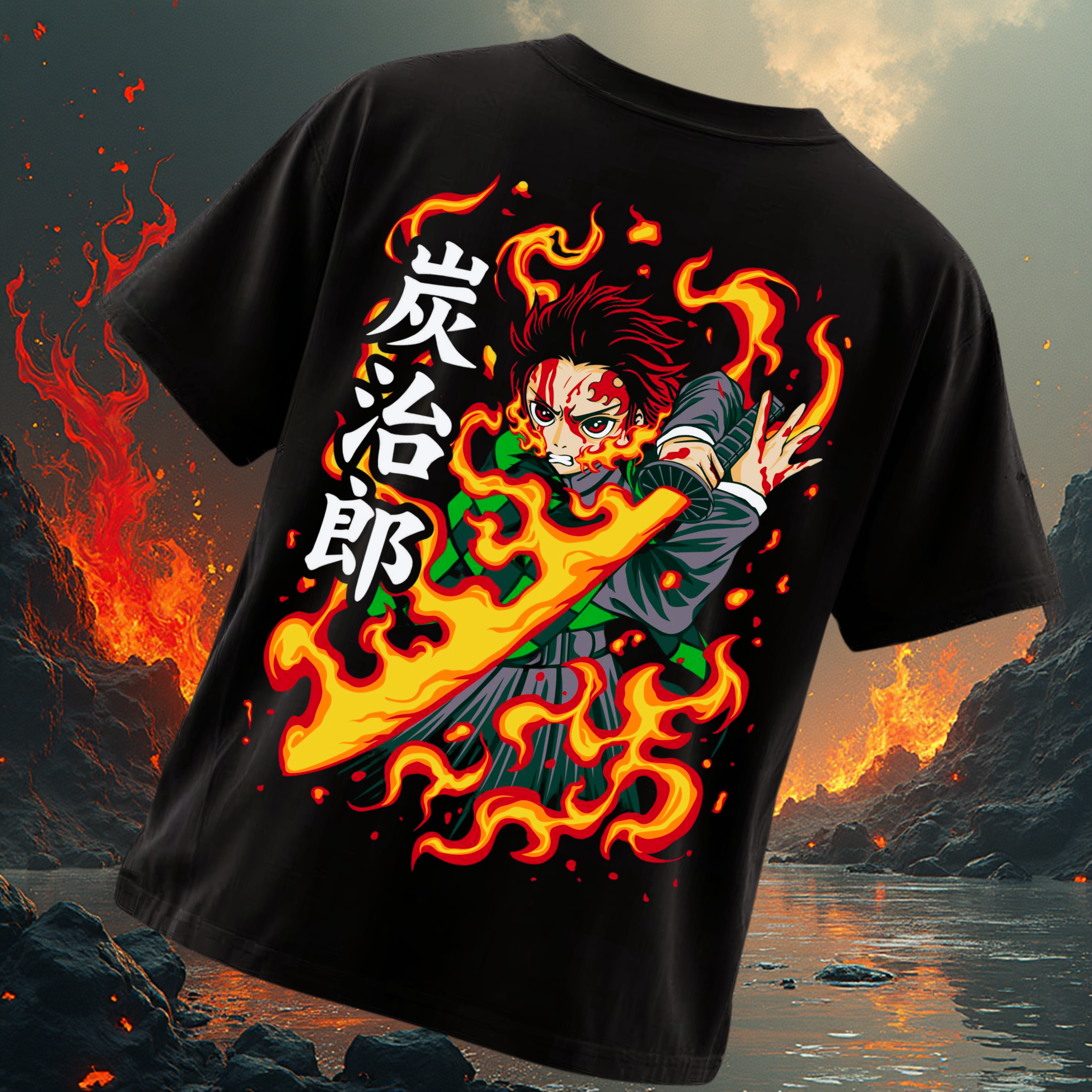 Demon Slayer Tanjiro Kamado Fire Breathing Men's Oversized T-Shirt | Teeyatra | Anime