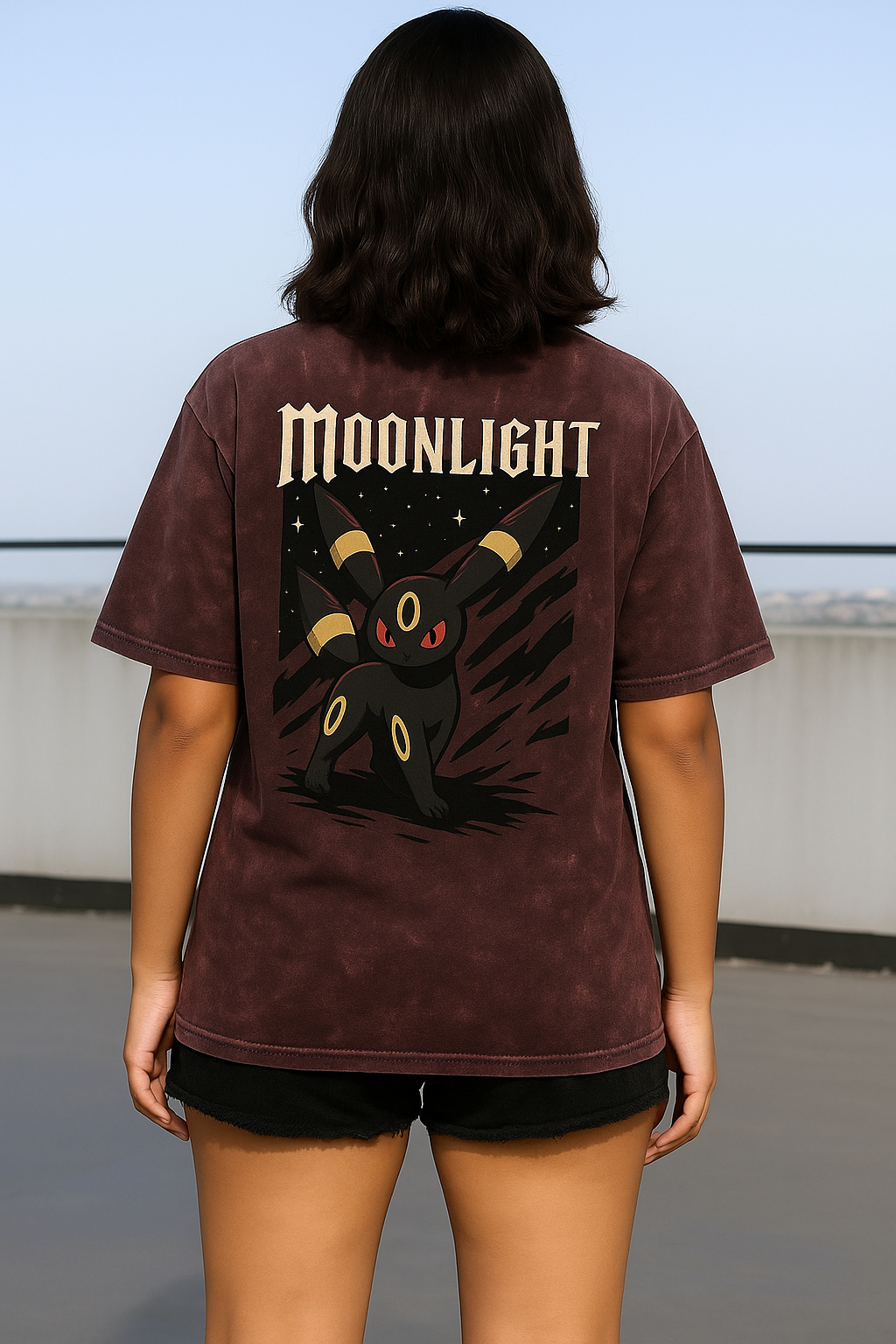 Starry Night Umbreon Ladies Acid Washed Oversized Tee | Teeyatra | Anime | Cartoon
