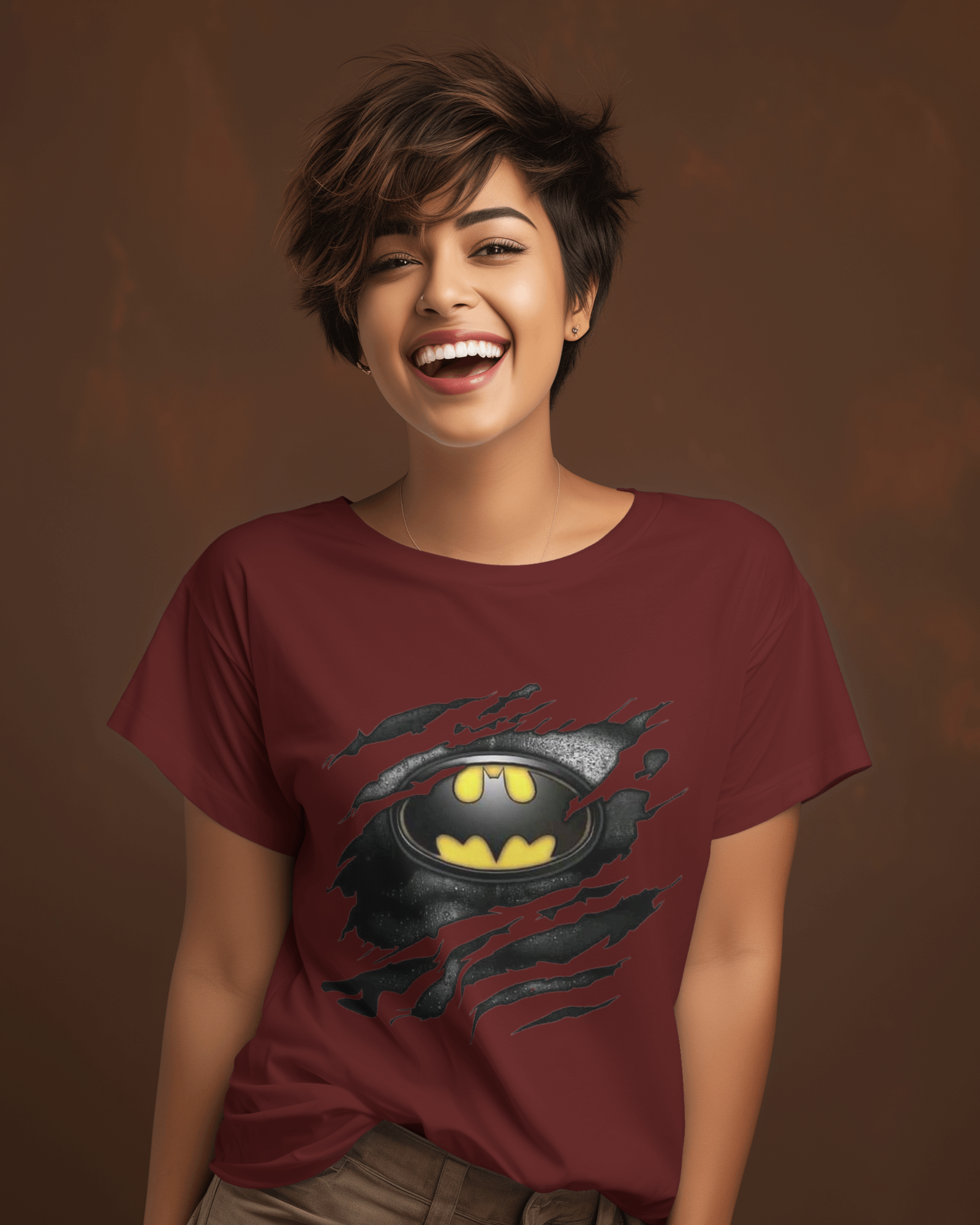 DC Tear Effect Batman Logo Ladies Classic Crew T-Shirt | Teeyatra