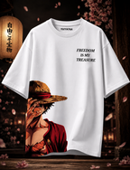 Teeyatra Monkey D. Luffy Oversized T-Shirt – White | Freedom Is My Treasure Edition