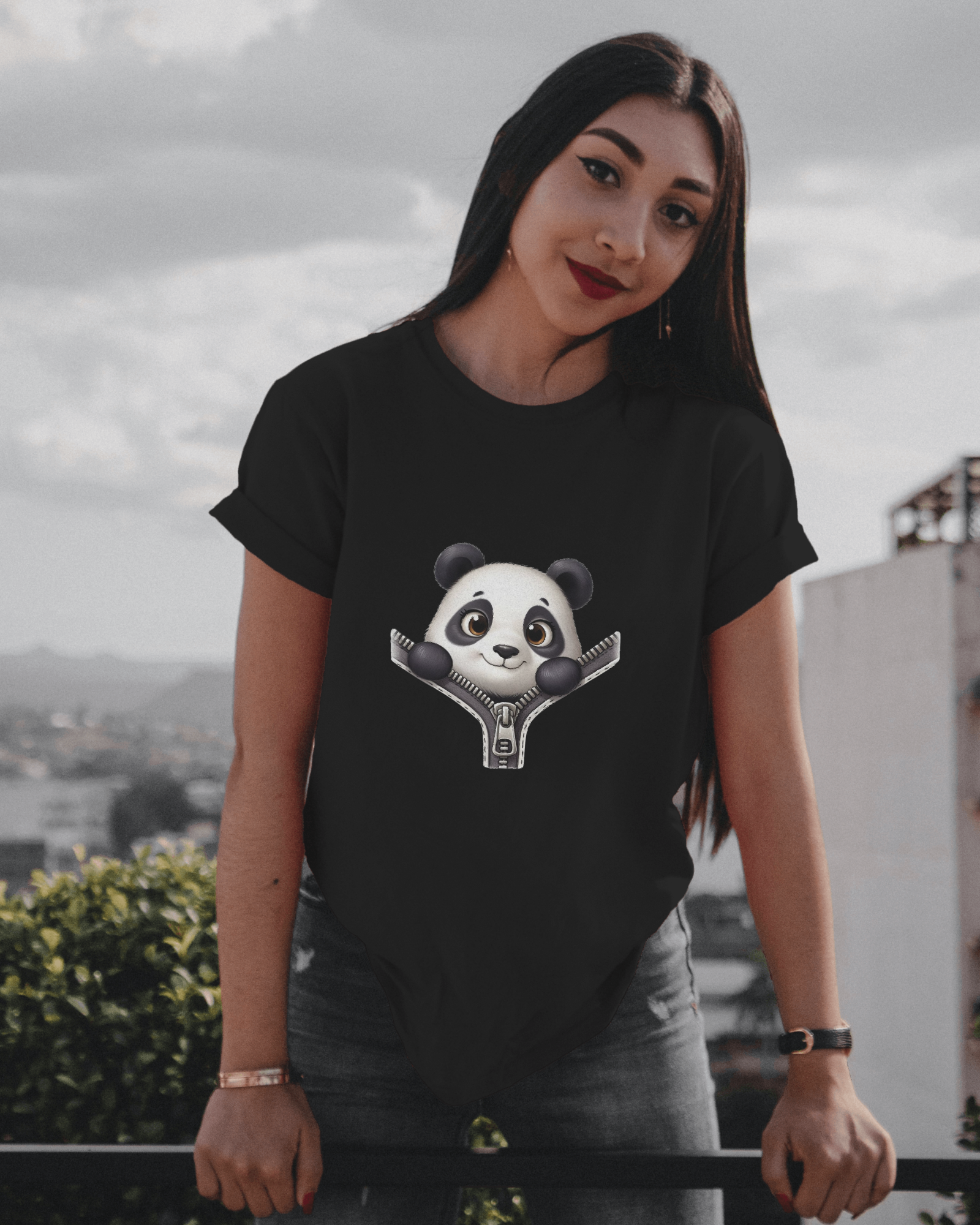 Unzip The Cuteness Panda Ladies Classic Crew T-Shirt | Teeyatra | Cartoon