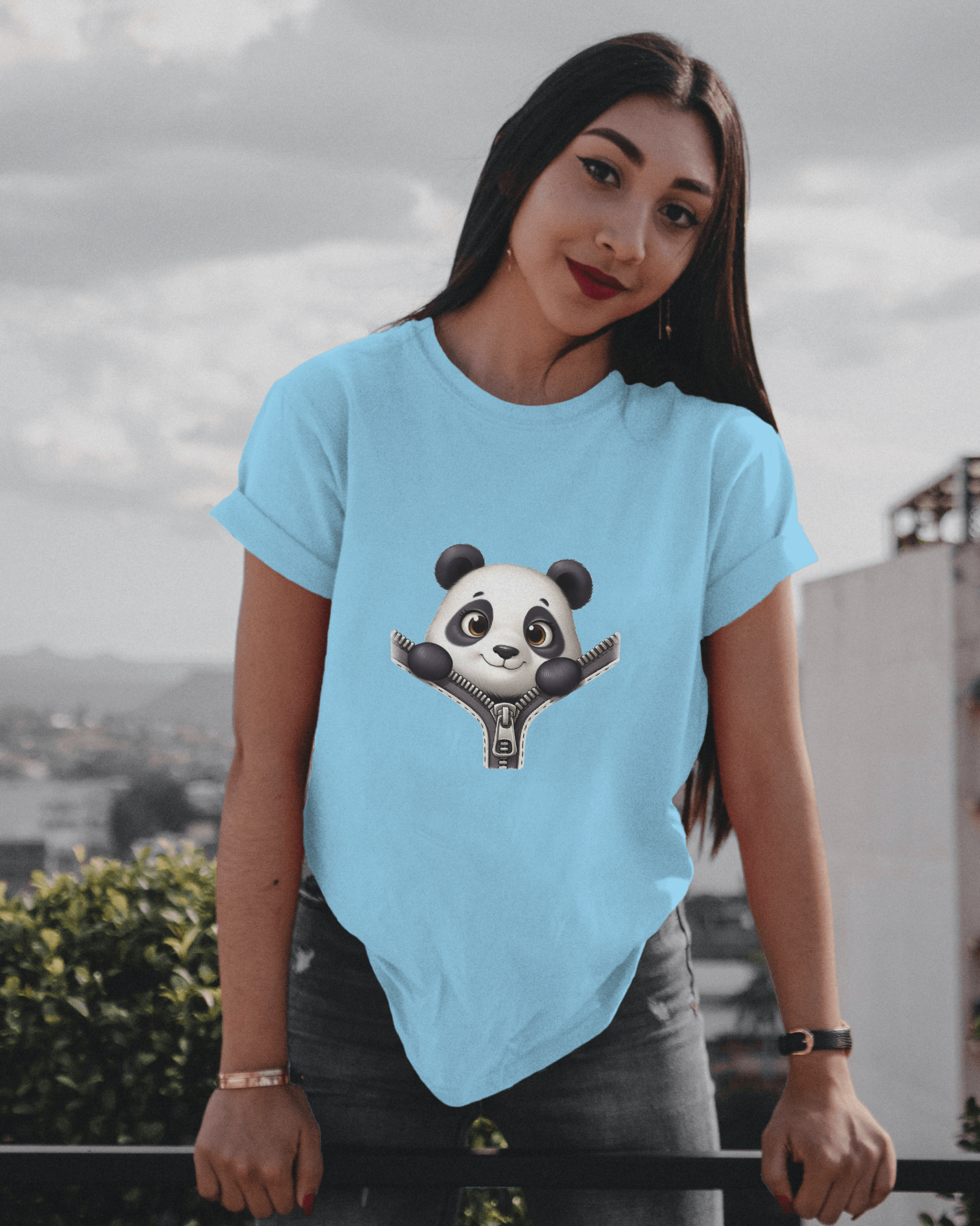 Unzip The Cuteness Panda Ladies Classic Crew T-Shirt | Teeyatra | Cartoon