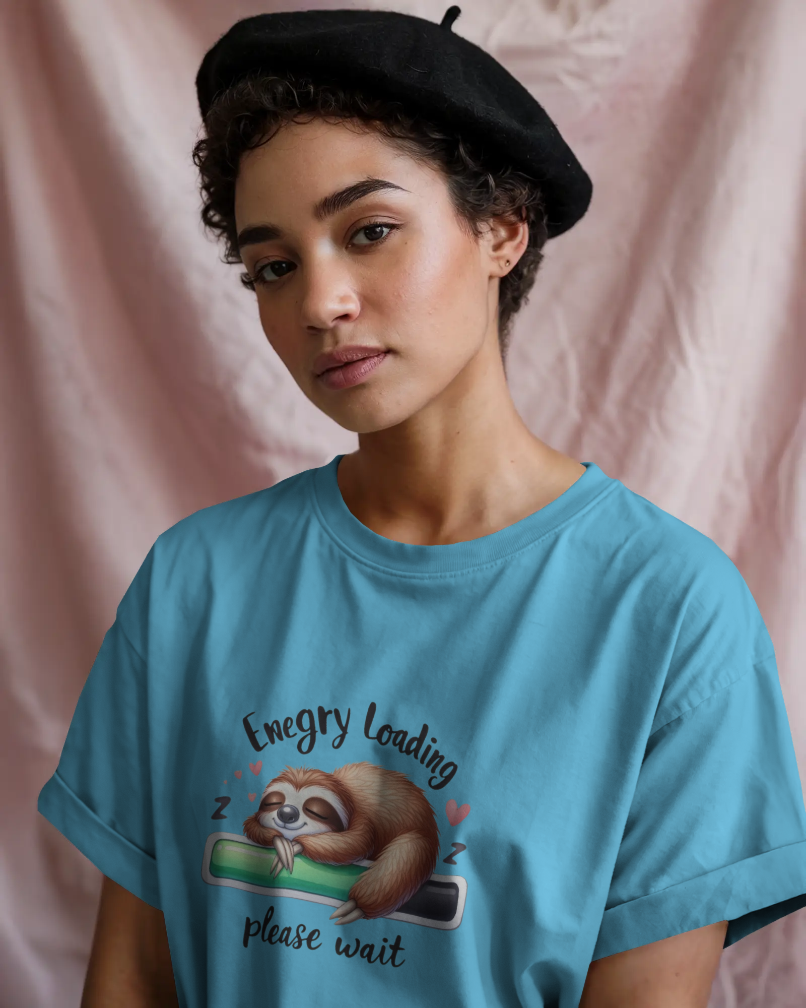 Cute Sloth Sleeping on a Battery Ladies Classic Crew T-Shirt | Teeyatra | Abstract