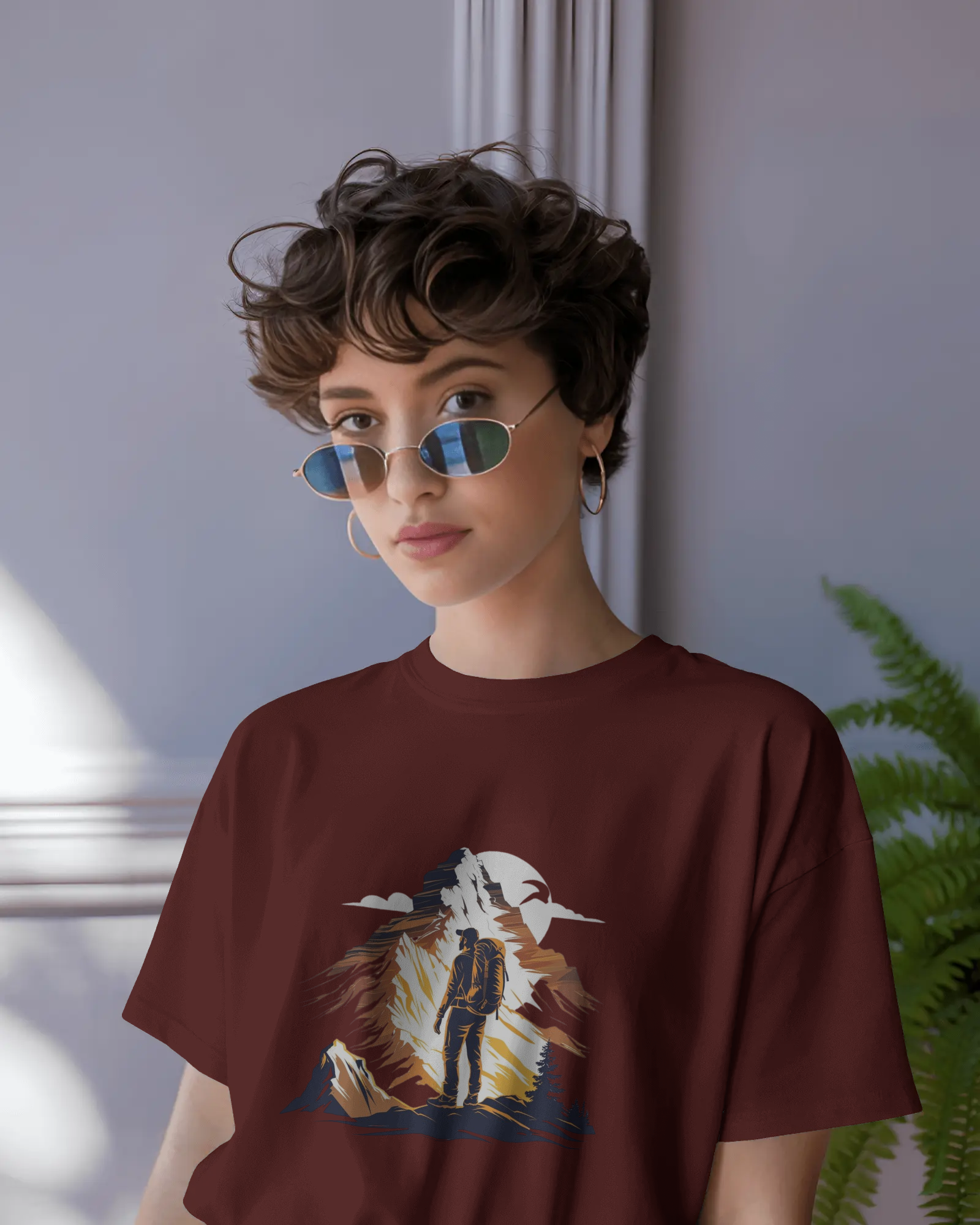 Mountain Hiker Graphic Ladies Classic Crew T-Shirt | Teeyatra | Abstract