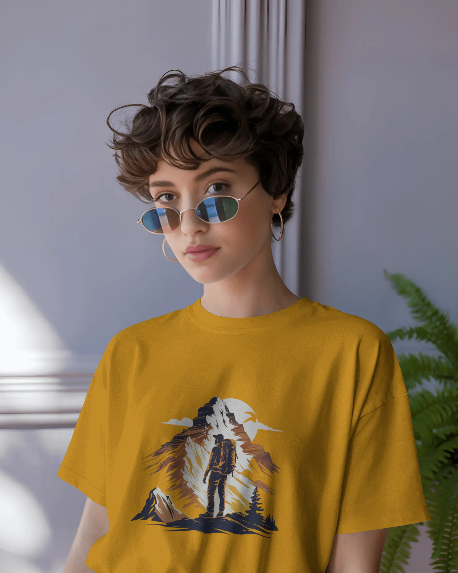 Mountain Hiker Graphic Ladies Classic Crew T-Shirt | Teeyatra | Abstract