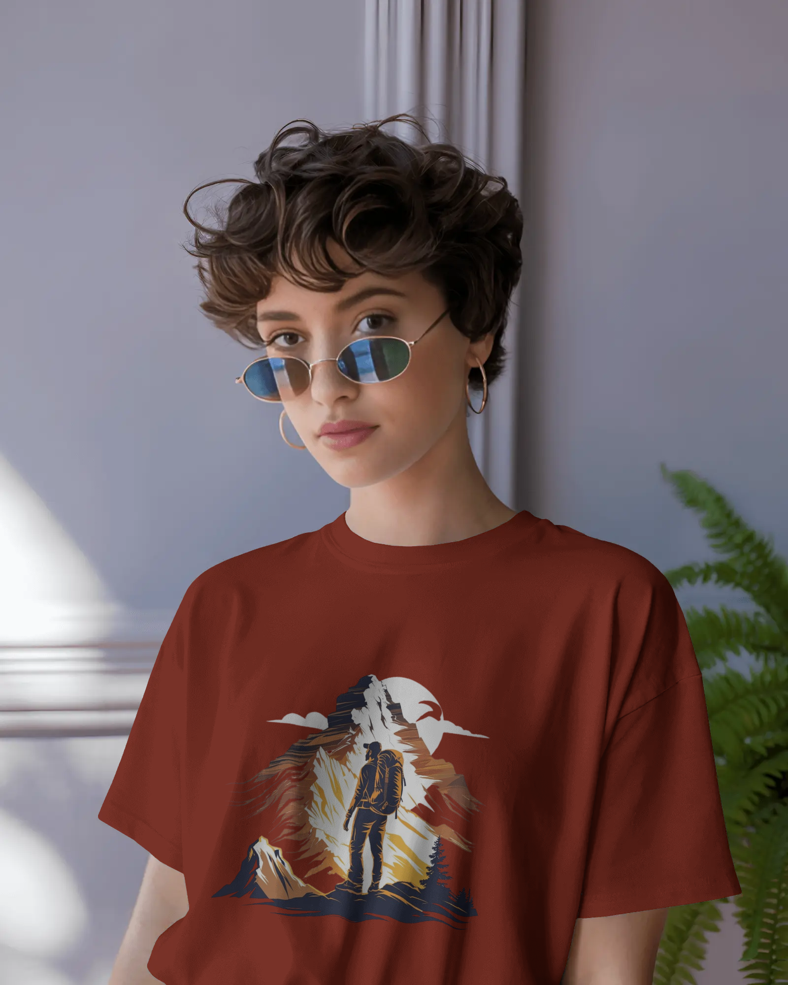 Mountain Hiker Graphic Ladies Classic Crew T-Shirt | Teeyatra | Abstract