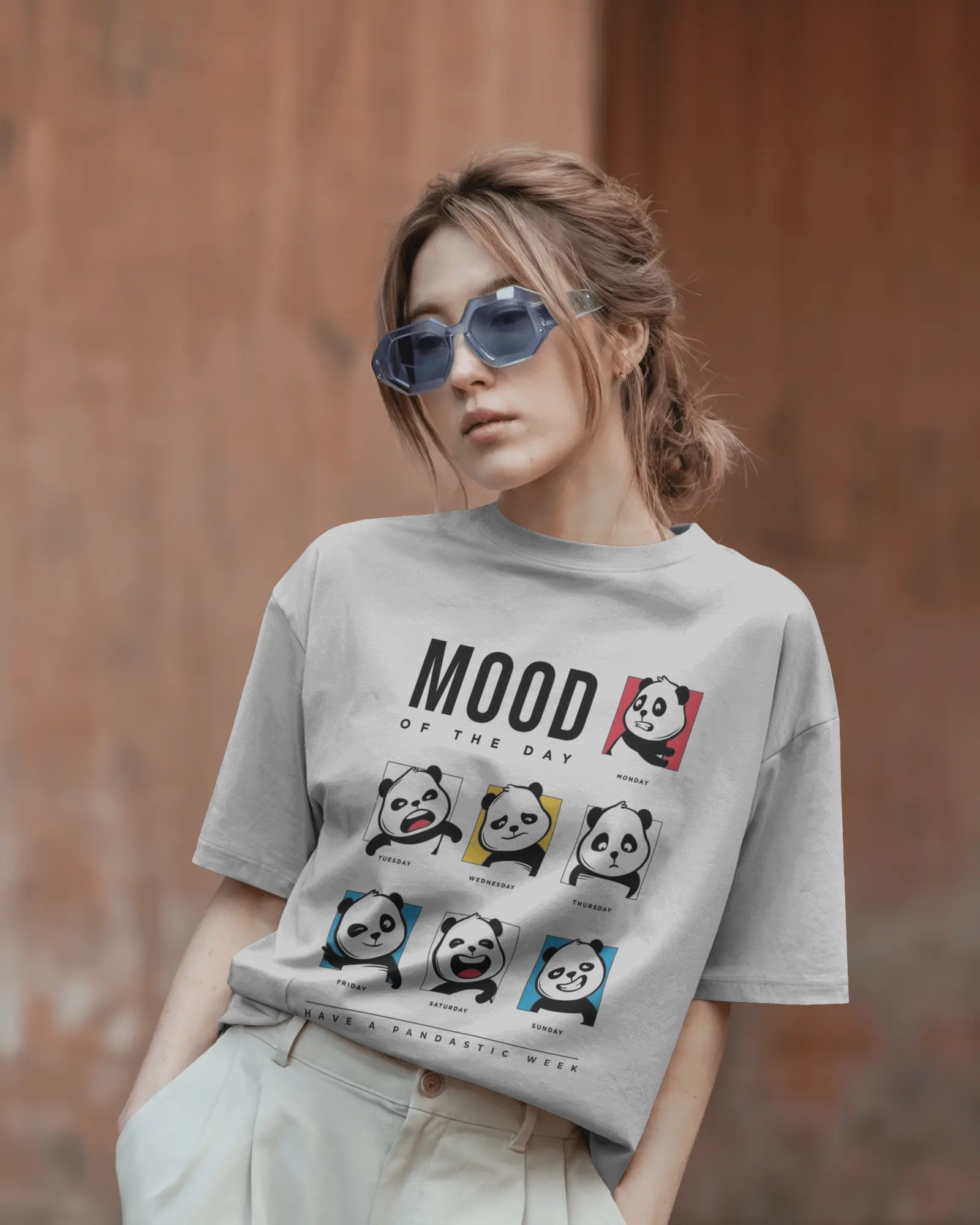 Panda-monium Cartoon Mood Ladies Oversized Standard T-Shirt | Teeyatra | Abstract