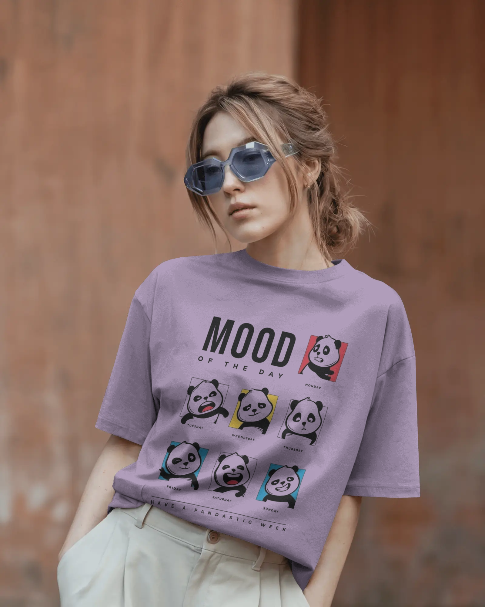 Panda-monium Cartoon Mood Ladies Oversized Standard T-Shirt | Teeyatra | Abstract